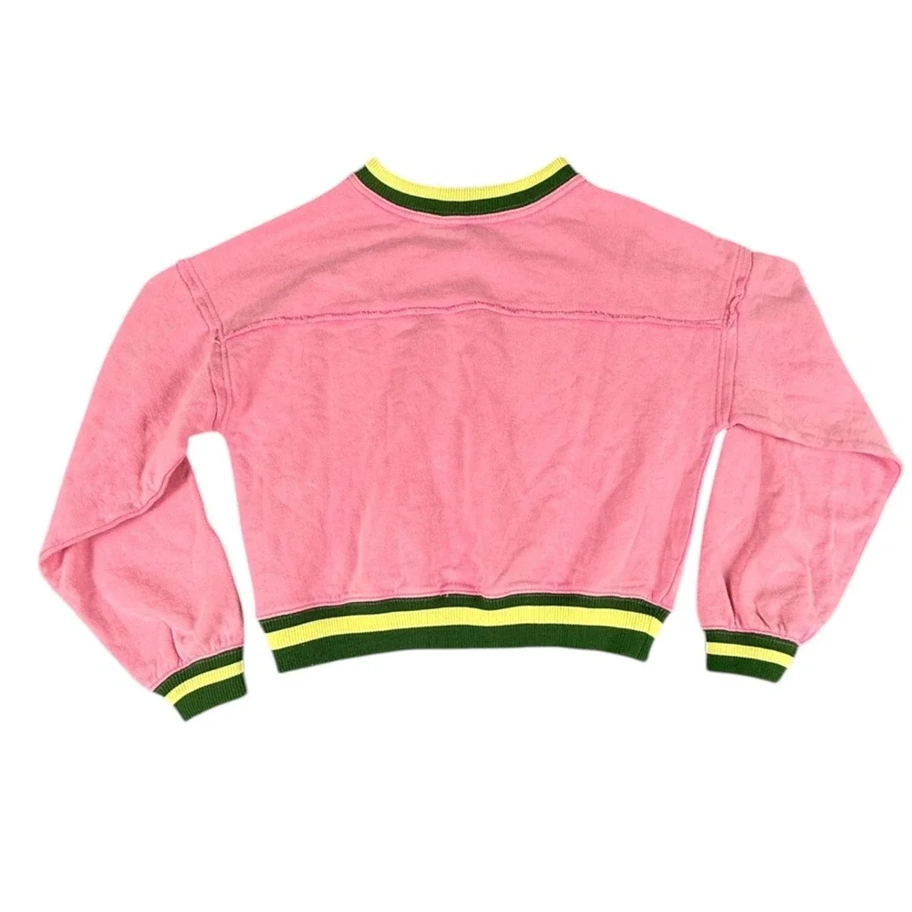 Free People Sweatshirt Womens Medium Pink V-Neck Cropped‎ Striped Trim Boxy Top